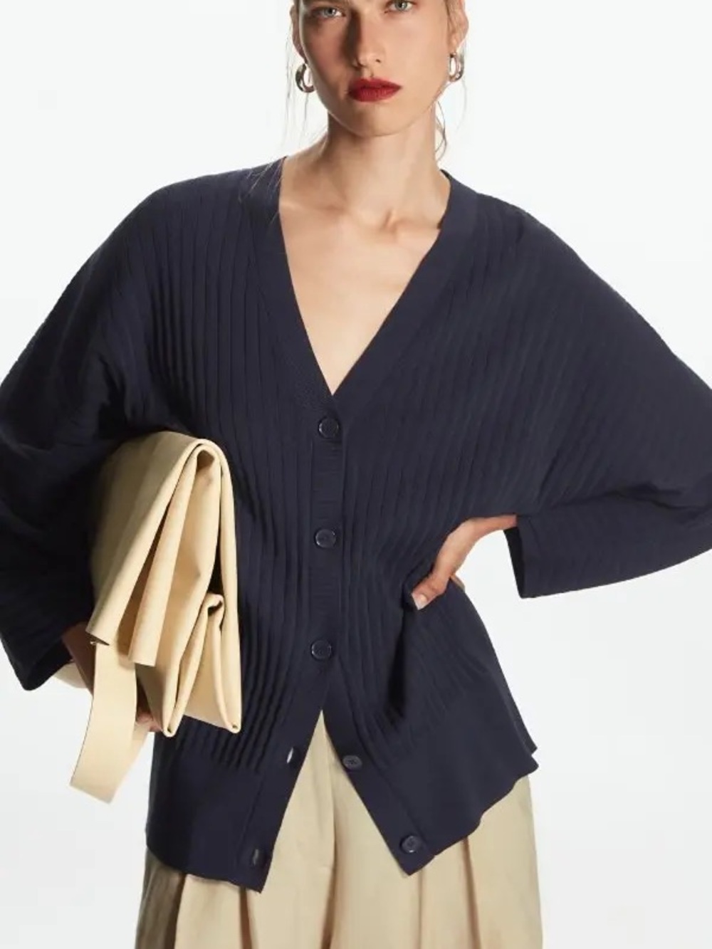 COS Women’s Navy Blue Ribbed Oversized V-Neck Cardigan Size XS